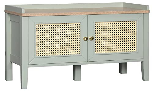 HOMCOM Schuhbank, Sitzbank mit Sitzfläche, Schuhregal mit Rattanoptik, Schuhaufbewahrung mit 2 Schränken, Garderobenbank für Flur, Diele, Grün, 80 x 35 x 45 cm