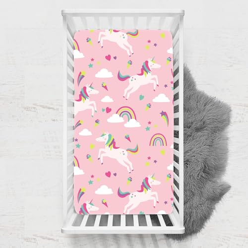 Odot Spannbettlaken für Kinderbett, Einhorn Druck Kinderwagen Matratzenbezug, Weiche Babybett Spannbetttuch Stubenwagen Bezug, Beistellbett Spannbettlaken (70x140 cm,Rosa)