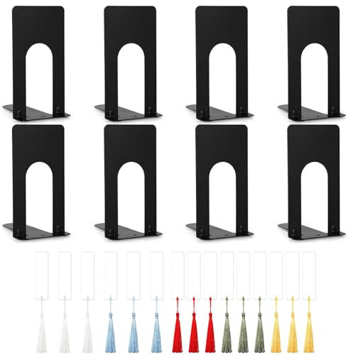 ANBOO 8 Pcs Serre Livre+15 pcs signets, Cale Livre en Métal Rangement Livre Bloc Livre pour Bureau, Salon et Salle D'étude, École, Librairie et Bibliothèque, Fournitures Scolaires