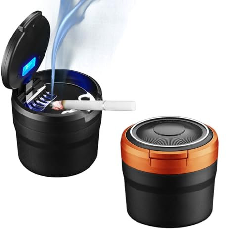 Geoyien Car Ashtray, Portable Travel Auto Car Ashtray, Easy Clean Up Detachable Car Ashtray with LED Light with Flip Lid, Self Extinguishing Ash Tray for Cars Van Outdoors Camping (Orange + Black)