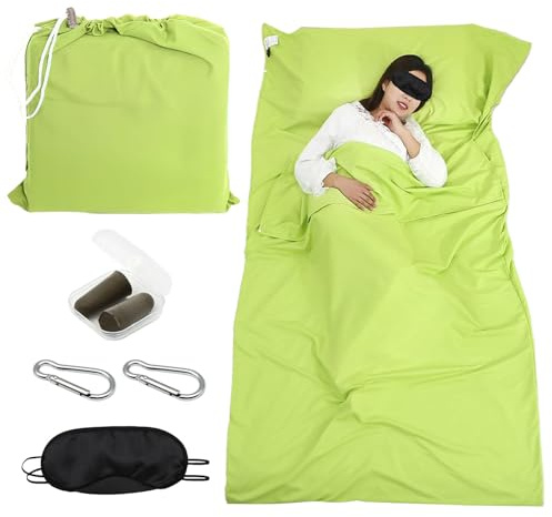 BORISCA 220x90cm Verde Lenzuolo Sacco a Pelo + Paraocchi + Moschettoni*2, Morbido e Confortevole Estivo Sacco a Pelo Ultraleggero, Sacco Lenzuolo da Viaggio Ultraleggero per Campeggio, Hotel, Treni