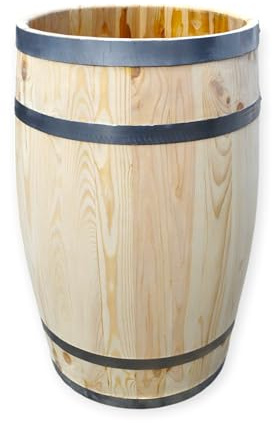 Barril de madera decorativo sin tapa – Barril de lluvia rústico o maceta de madera natural con neumáticos de metal – Hecho a mano resistente a la intemperie 135 litros