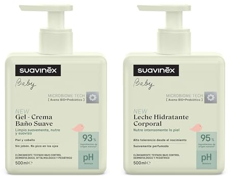 Suavinex, Pack Bebé con Gel Champú Suave para Piel y Cabello, Sin Jabón + Crema Hidratante Corporal, Apto Pieles Sensibles y Recién Nacidos, 93-95% Ingredientes Origen Natural, Testado, 2 x 500 ml