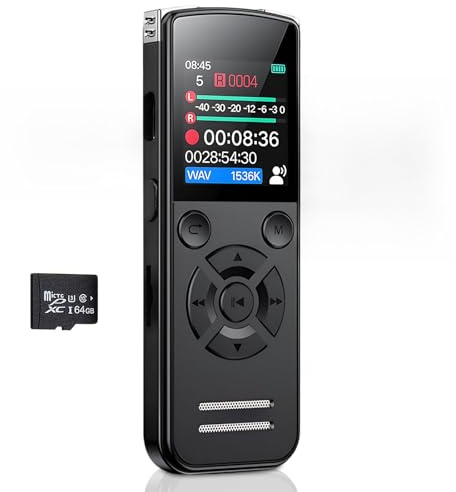Dictaphone Enregistreur Vocal 64 Go, Mini Enregistreur Audio Numérique 1536 Kbps avec Écran TFT, Enregistreur de Voix USB-C Rechargeable pour Réunions, Cours et Interviews