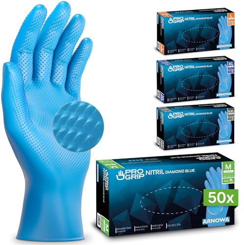 PROGRIP engångshandskar blå, engångshandskar extra starka, nitrilhandskar M, 2x tjockare, engångshandskar med diamantstruktur, arbetshandskar för verkstad, industri & montering, 50 st/box