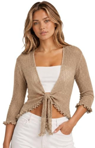 Hamishkane® Women’s Shrugs, Double Fine Knit Bolero Cardigans for Women, 3/4 Sleeve Tie Front Top, Stretchy Cropped Cardigan, Ladies Evening Tops, Lightweight Summer Shrug
