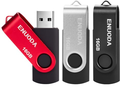ENUODA Chiavetta USB 16GB 3 Pezzi Pennetta Girevole USB 2.0 Unità Memoria Flash per Archiviazione Dati con Luce LED (Argento Rosso Nero)