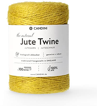 Candini Jutegarn - gelb, 100m Bastelschnur - ø 2-3mm reine Jute - Schnur Kordel | Premium Qualität - Made in England - Paketschnur, Dekoration, Garten, Verpackung