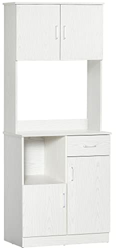 HOMCOM Freestanding Kitchen Cupboard, Modern Kitchen Storage Cabinet with Doors, Microwave Counter and Adjustable Shelves, White