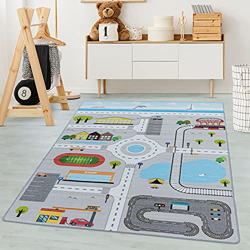 Carpetsale24 Kinderteppich Grau 80x120 cm Straßenteppich Modern rutschfest Waschbar Pflegeleicht Extra Weich Antiallergen Babyteppich Kinderzimmer Jungen Mädchen