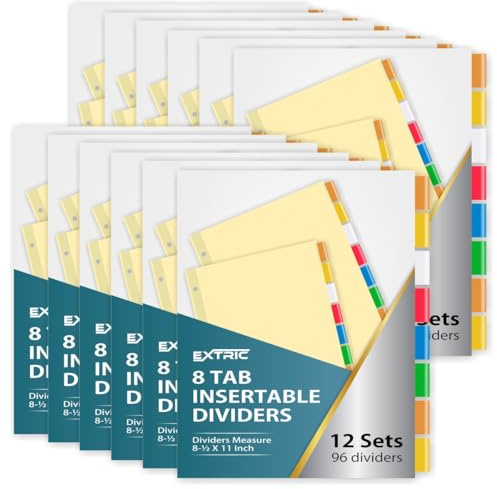 8-Tab Binder Dividers for 3 Ring Binder, Insertable Multicolor Big Tabs, Bulk Letter Size Paper Divider, 8.5 x 11 inch, 12 Sets (96 Dividers Total)
