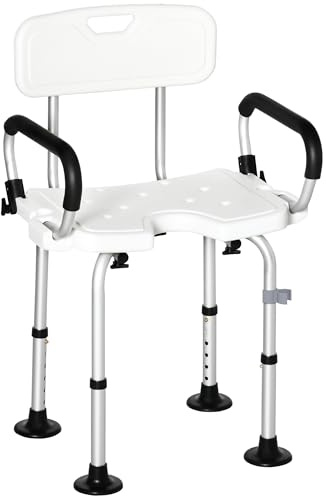 HOMCOM Shower Chair for the Elderly and Disabled, Height Adjustable Shower Stool with Back and Flipped Padded Arms, Suction Foot Pads, White