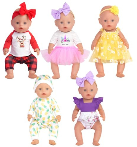 Sweet Dolly Baby Doll Accessories, 5 Set of Doll Clothes, Dress, Bodysuits Outfits for 15 Inch to 18 Inch Dolls, 15 Inch Baby Dolls, 11 PCs in Total Doll Clothes and Accessories