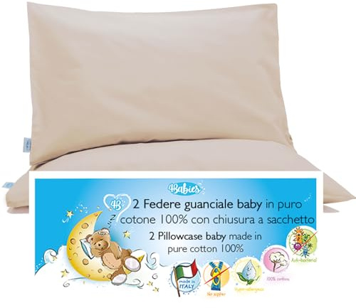 4BABIES -Kuddfodral 40 x 60 barn - set med 2 örngott för säng och spjälsäng 100 % ren bomull tillverkad i Italien - kuvertförslutning- OEKO-TEX-certifierad - barnsängkläder- elfenben