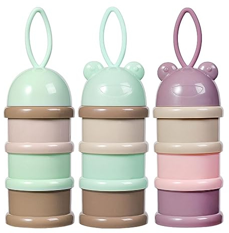 3 Dispensador Leche en Polvo Bebe, Dosificador de Leche en Polvo Portátil Apilables, 3 Compartimentos Dispensador de Fórmula para Bebé, Caja Bocadillo, Contenedores de Aperitivos Frutas para Viajes