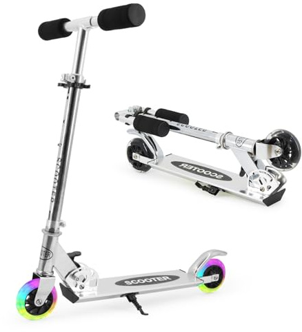 TENBOOM Scooter for Kids Ages 4-7, 2 Wheels Light Up Gift Scooters for Girls Boys Ages 6-12, Easy Folding Kids Scooter with 3 Levels Adjustable Handlebar and Rear Brake Silvery Black