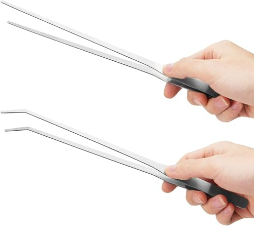 Stainless Steel Aquarium Tweezers 2PCS, Straight & Curved Long Precision