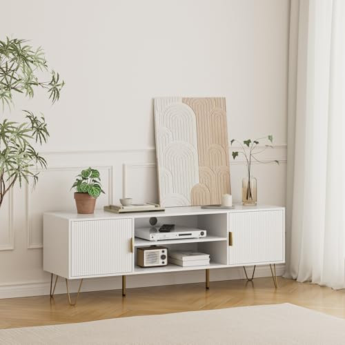 HEYZOEY White Wood TV Stand for up to 65 Inch TV, 137cm TV Unit with 2 Cabinets and Open Shelves, Modern TV Console Table for Living Room