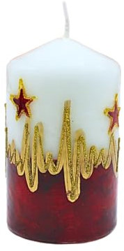 Elegante candela a pilastro, candela da tavolo, candela decorativa, candela di cera con motivo natalizio, candela di Natale come pilastro di Natale, in bianco, rosso e oro, altezza ca. 11 x 6 cm.