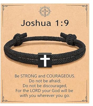 QGH Men's Cross Bracelet, Adjustable Black Braided Christian Faith Band | Baptism Gifts for Men, Joshua 1:9 Bible Verse Card, Religious Confirmation Gift For Men