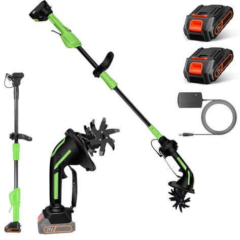 Motoazada Eléctrica Sin Cable 21V, Motocultor Eléctrico 2-en-1 con Varilla de Extensión de 1,3 m, 10 cm de Ancho y Profundidad de Trabajo, Motoazada Eléctrica para Césped, Jardín, Campo de Vegetales