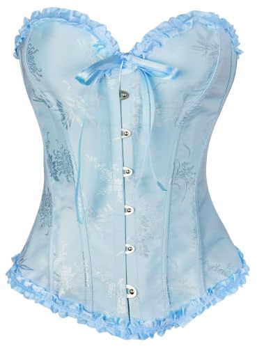 AUYAO Korsett för kvinnor, broderi/enfärgad korsett under bröstet, spetsbystier, sexig gotisk steampunk-korsett, klänning för rollspel, klänning, balklänning, Färg: blå, XL