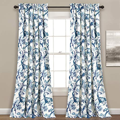 Lush Decor Dolores Light Filtering Window Panels, Pair, 52 W x 95 L, Blue - Toile Curtains - Floral Bird Print - Grandmillennial & French Country Curtains - Cottage & Maximalist Home Decor