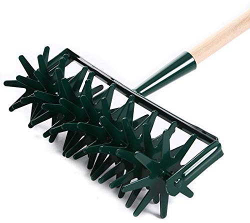 rg-vertrieb Gartenfräse, Bodenkrümler 12-Star Bodenlüfter mit 150cm Holzstiel, Grün, Manuell, Stahl, 39 cm Breite