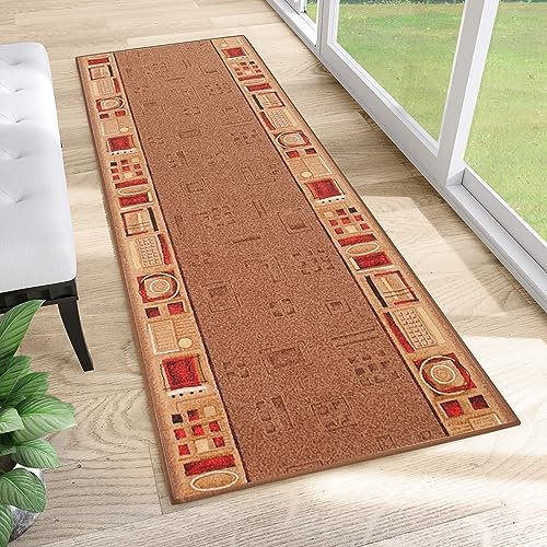 TAPISO Anti Rutsch Teppich Läufer rutschfest Brücke Meterware Modern Braun Rot Figuren Design Meliert Flur Küche Wohnzimmer 120 x 400 cm