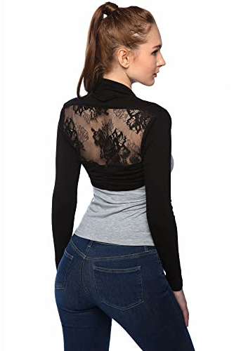AmélieBoutik Women Lace Back Bolero Cropped Cardigan Shrug(Black Medium)