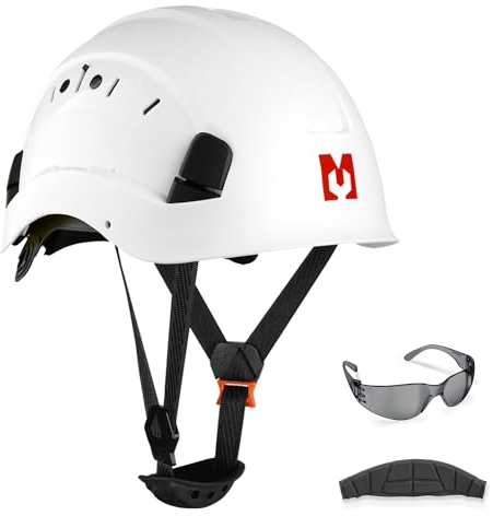 Mustbau Casque de Sécurité, Casques de Protection EN397 avec Lunettes Antibuée, 53 à 63cm Tour de Tête Réglable, Matériau ABS Résistant Pour Hommes Femmes - Blanc