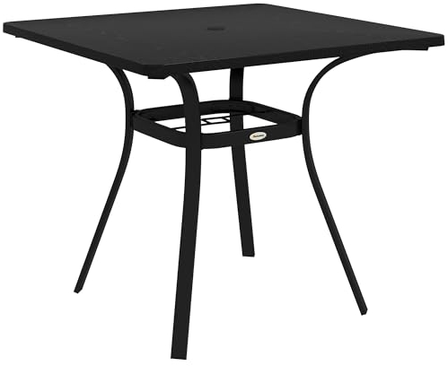 Table de jardin Outsunny, table de salle à manger avec trou pour parapluie, table de balcon carrée pour 4 personnes avec coussin de pied pouvant supporter jusqu'à 70 kg pour la terrasse, acier, noir,