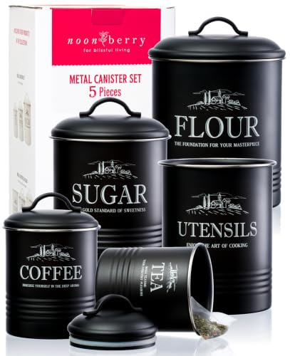 noonberry Kitchen Canisters for Countertop – 5-Piece Airtight Canister Sets for the Kitchen Counter with Utensil Holder – Flour Sugar Coffee Tea Containers – Matte Black Finish