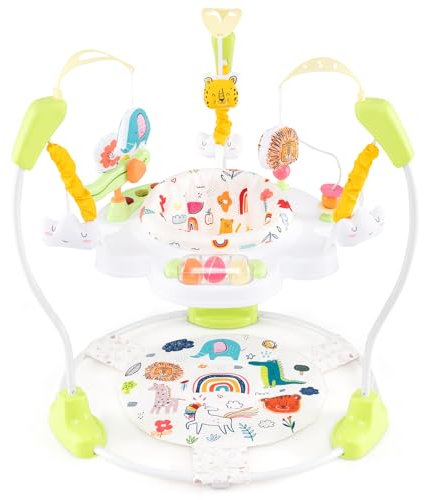 DREAMADE Stationäres Aktivitätscenter, Tierwelt-Jumperoo mit abnehmbarem Fußpolster, Spielcenter mit 360°-Drehsitz, 3 verstellbaren Höhen, Musiktablett & Spielzeugen für Babys ab 6 Monaten (Gelb)
