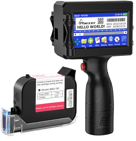 Phezer Handheld Inkjet Printer Gun P15U with Quick-Drying Ink Cartridge, 0.5inch/12.7mm Nozzle Portable Handheld Printer for Text/Barcode/Logo/QR/Counter/Number/Date (with JS62 Cartridge)