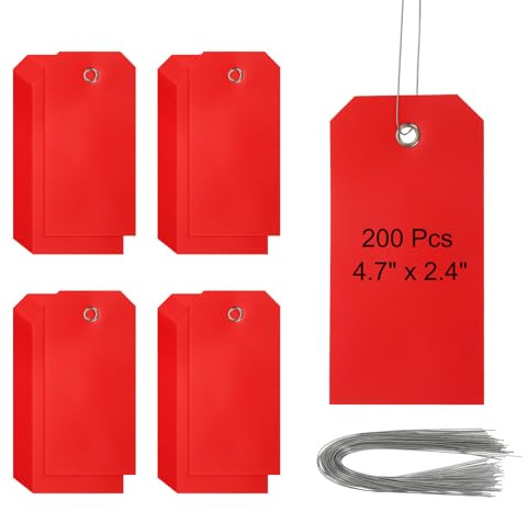 PATIKIL Fraktetiketter i plast med tråd 10 cm x 6 cm, 200 stycken tomma vattentäta hängetiketter med sladdar, etiketter för märkning, bildelar, bagage, röd