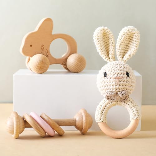 Hochets Bébé 0-3-6-9 Mois - 3 Pièces Set Hochets et Anneau de Dentition avec Hochet en Crocheté et Jouet en Bois, Jouet Montessori 0-12 Mois Cadeau Nouveau-Né (Lapin 3PCS)