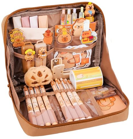 Bukbas Juego de Capibara Papeleria, 62pcs Kawaii Estuche Capibara con Pegatinas Capibara, Bolígrafos, Reglas y Más, Set Papeleria para Niños, Organizador Estuche de Capibara (B)