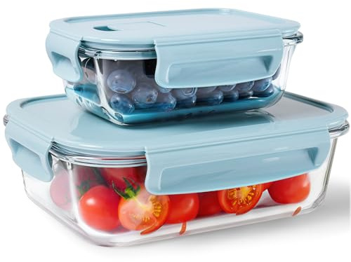Boîtes de conservation en verre avec couvercle - Design d'étanchéité durable pour une fonction de conservation fiable de la fraîcheur (bleu, 370 + 1040 ml)