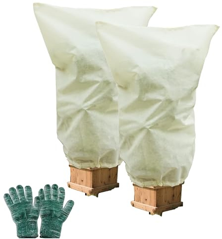 2 housses d'hiver avec gants anti-froid – 80 cm x 120 cm – Protection pour plantes en pot, avec fermeture éclair et cordon de serrage, respirant & imperméable. Idéal contre le froid, la neige, les ois