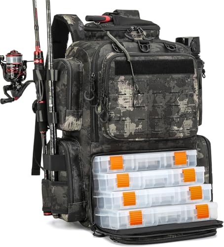 50L Angelrucksack mit Rutenhaltern & 4 Boxen wasserabweisende Angeltasche