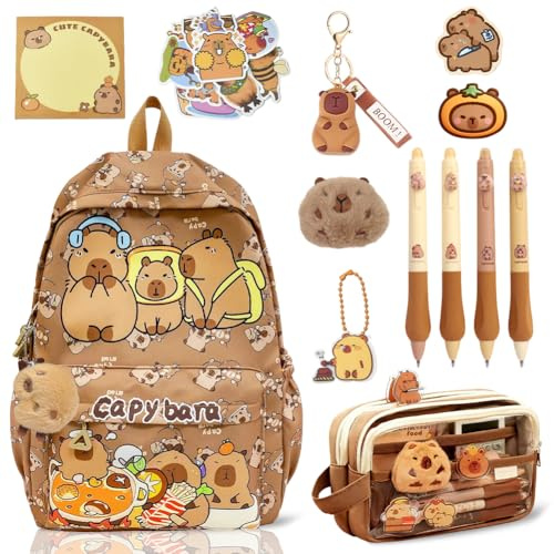 Capybara Backpack School Bag Set with Pencil Case, 4 Erasable Gel Pens, Plush Toy & Keychain Stickers Sticky Notes Mini Capybara Plush–Kawaii Animal Bookbag Rucksack for Kids Riding Water Cup Parts