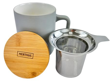 Nerthus FIH 1568 tazza ceramica 375 ml con infusore acciaio inox e coperchio bambù design elegante ideale per tè e infusi verde mare
