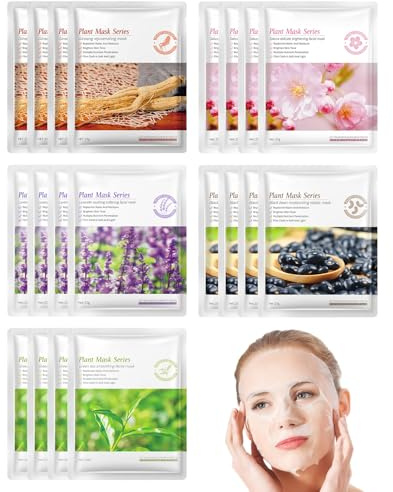 hommova 20-Pack Face Masks Sheet Set: Hydrating, Moisturising & Soothing, Daily Care Facial Mask Multipack for All Skin Types, Moisturise