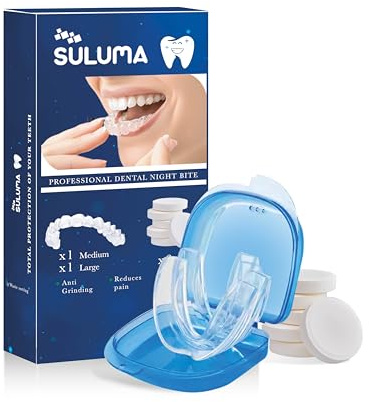 SULUMA Bite Bruxismo Notturno Professionale Antirussamento Digrignare Dentale Automodellante Uomo Donna Arcata Superiore 2 Taglie Medium Large Morbido Silicone 6 Compresse Disinfettanti