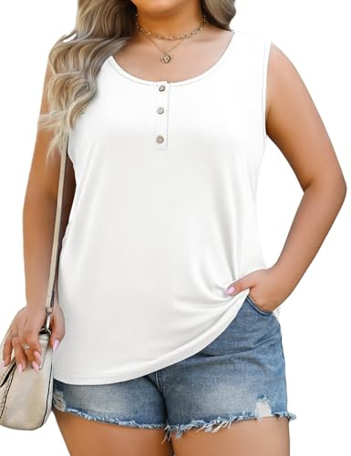 PASUDA Canotta Donna Estiva Taglie Forti Canotte con Bottoni e Collo Rotondo Maglietta Senza Maniche Basic Canottiera Moda Tinta Unita Elegante Tank Top(Bianco,3XL)