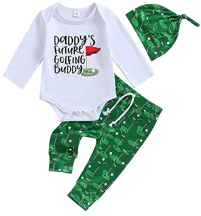 WWAYBEI Newborn Baby Girl Boy Golf Outfit Daddy's Future Golfing Buddy Funny Romper T-shirt and Golf Pants 3Pcs Fall Clothes Set (A# White Green Long Sleeve, 0-3 Months)