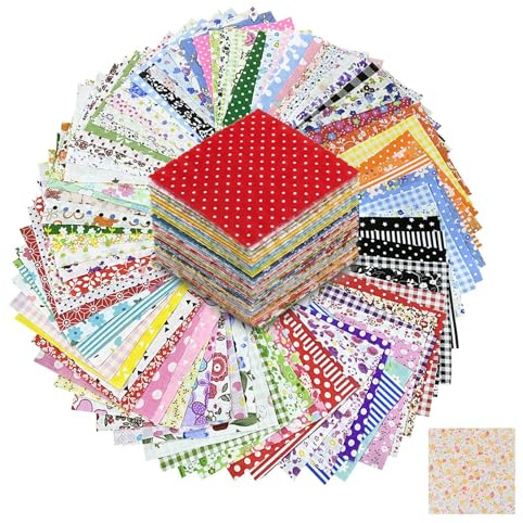 Rudfovn 150 Pcs 10 cm x 10 cm Fabric Squares Material for Sewing, Random Color Pattern Mixing Patchwork Fabric Squares