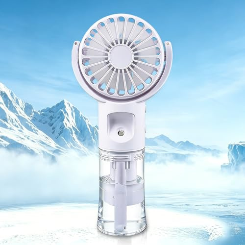 Fancysky Mini Ventilador de Mano, Ventilador Portátil Recargable con Pulverizador de Agua, 4 Velocidades, Cabezal Ajustable 180°, Pulverizada Enfriamiento para Oficina, Escuela, Viajes (Blanco)