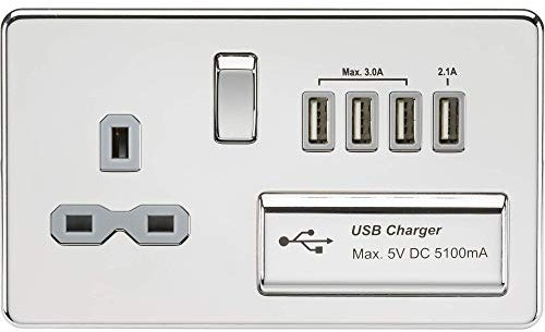 Knightsbridge SFR7USB4PCG Screwless Switched Socket with 5.1 A Quad USB Charger, Polished Chrome with Grey Insert, 13 A
